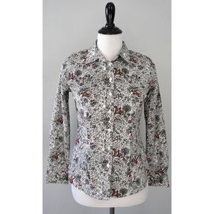 TALBOTS White Black Polo Horse Button Up Collared Shirt Size 2 P Petite EUC